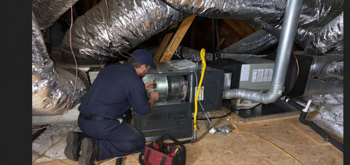 Technician replacing a furnace ignitor in a San Antonio garage