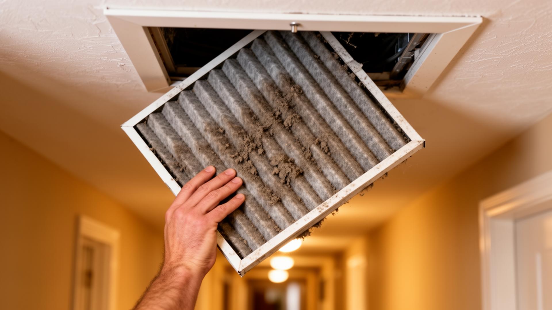 A clogged pleated AC filter being pulled from a ceiling return vent
